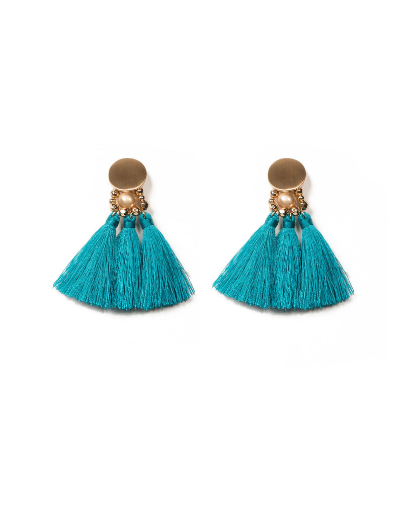 Blue Gold Tone Circle Stud Triple Tassel Statement Earrings