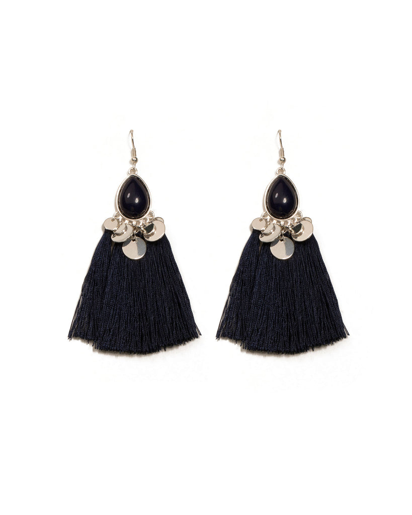 Navy Silver Tone Teardrop Stone Discs Tassel Statement Earrings