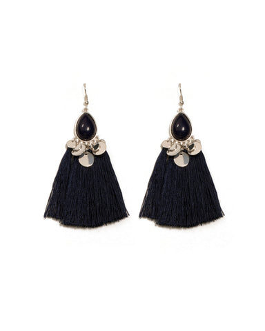 Navy Silver Tone Teardrop Stone Discs Tassel Statement Earrings
