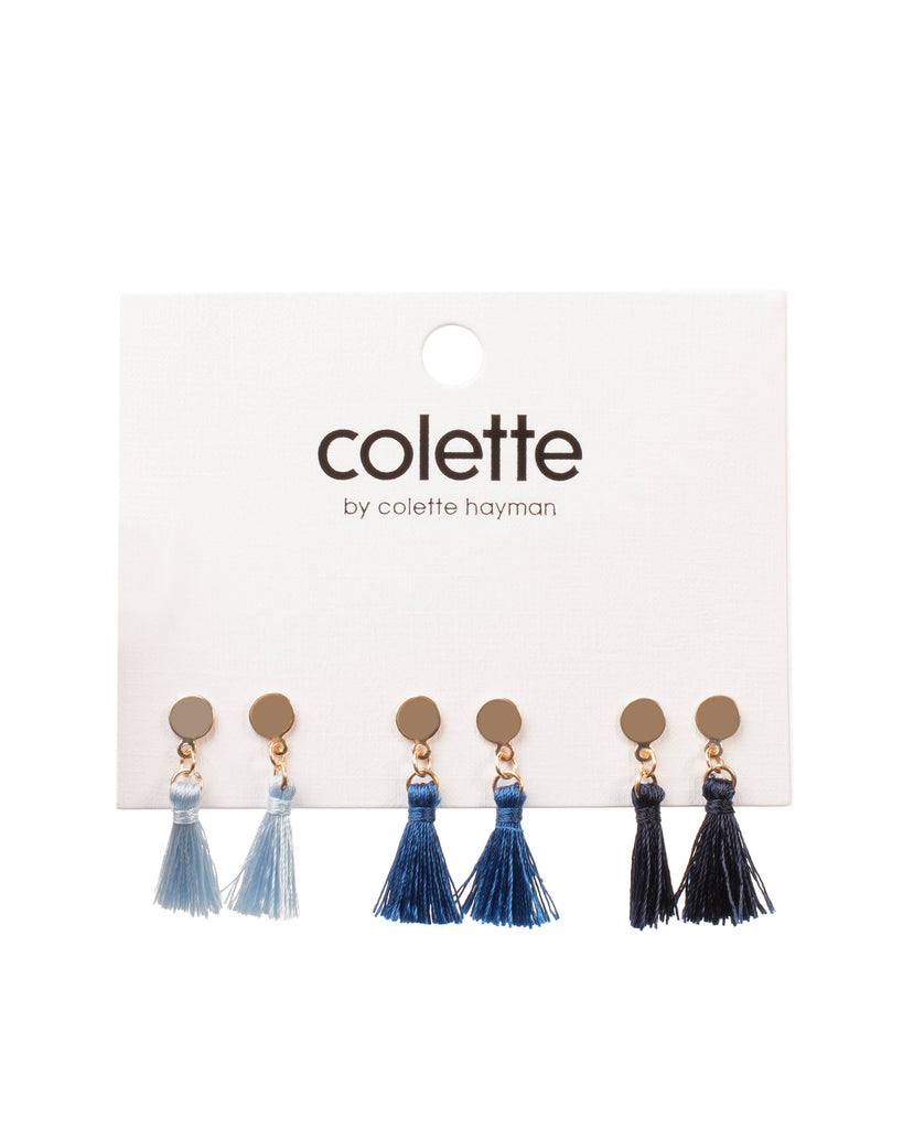Blue Gold Tone Mini Tassel Stud Earring Pack