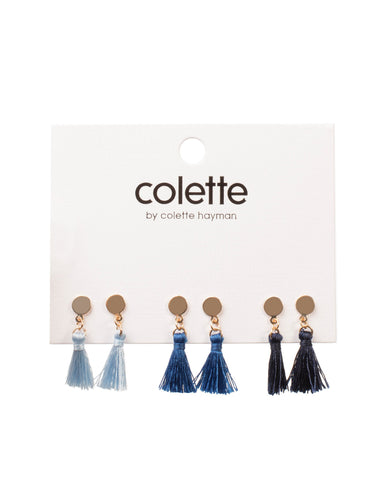 Blue Gold Tone Mini Tassel Stud Earring Pack