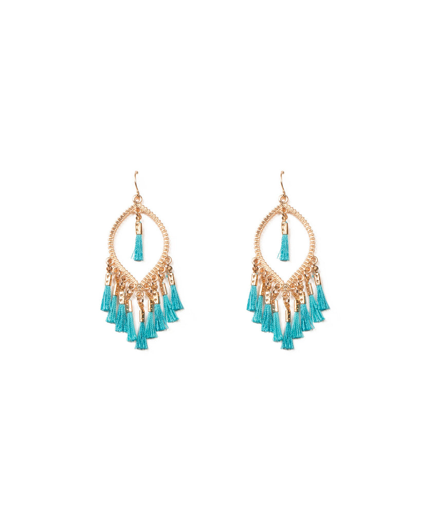 Blue Gold Tone Oval Mini Tassel Earrings