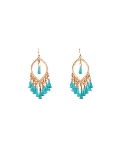 Blue Gold Tone Oval Mini Tassel Earrings