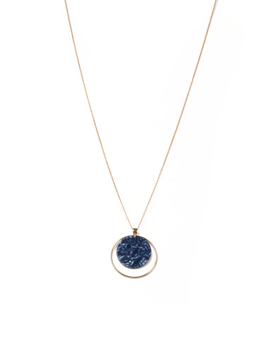 Blue Gold Tone Circle Acrylic Pendant Necklace