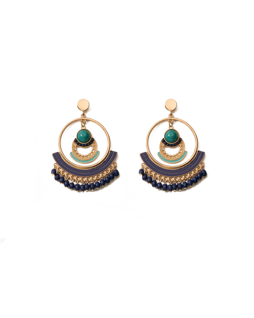 Blue Gold Tone Enamel Beaded Circle Drop Earrings
