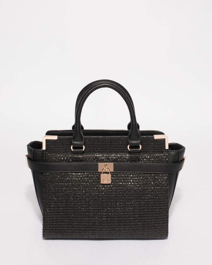 Black Textured Remi Large Tote Bag With Gold Hardware