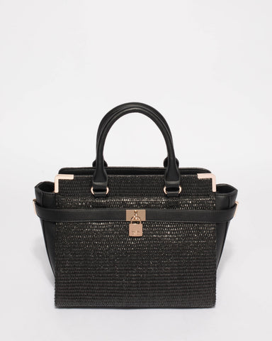 Black Textured Remi Large Tote Bag With Gold Hardware
