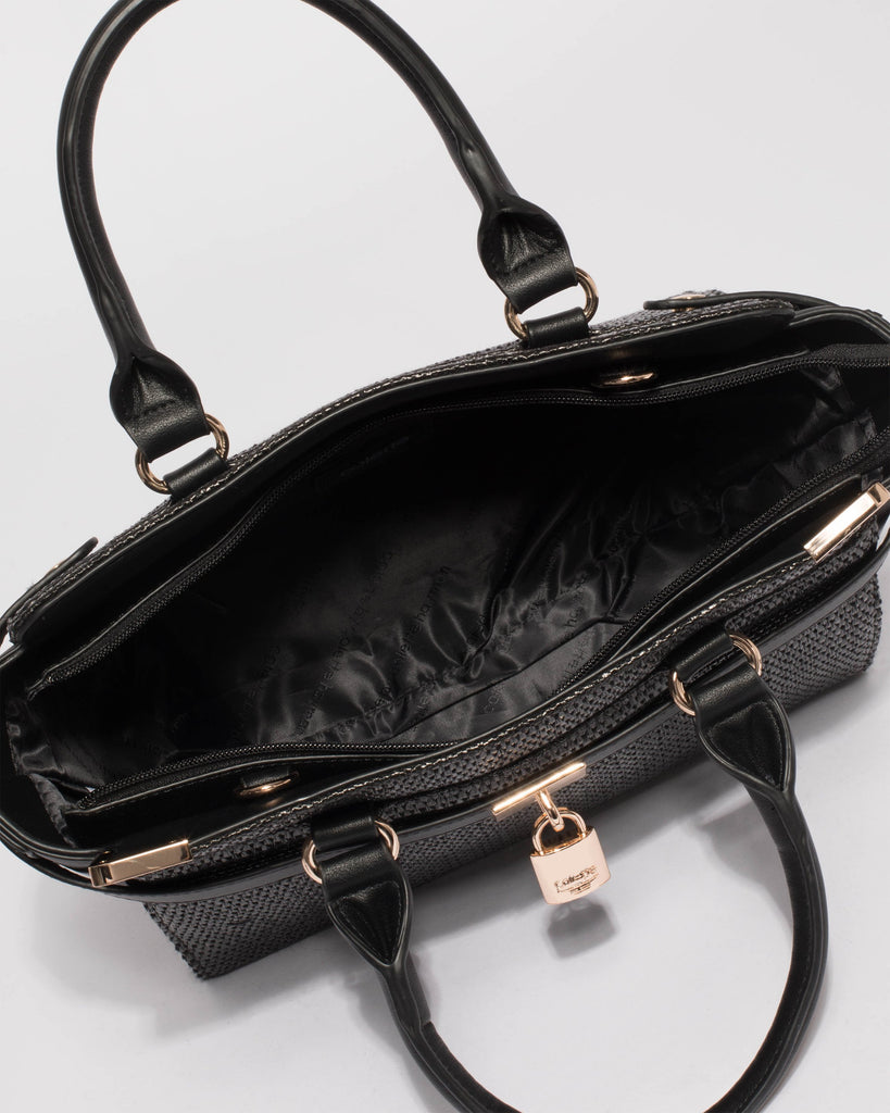 Black Textured Remi Large Tote Bag With Gold Hardware