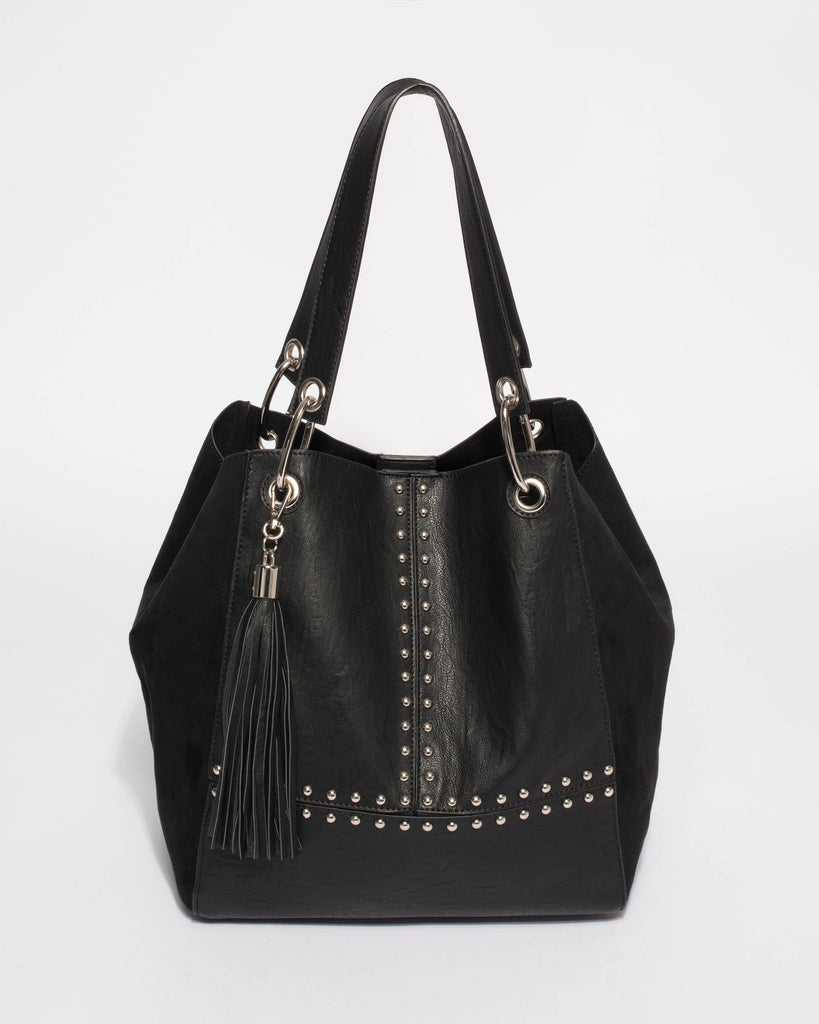 Black Sahara Stud Slouch Tote Bag