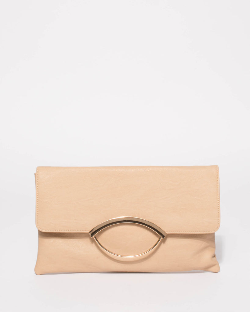 Beige Melody Ring Clutch Bag With Gold Hardware