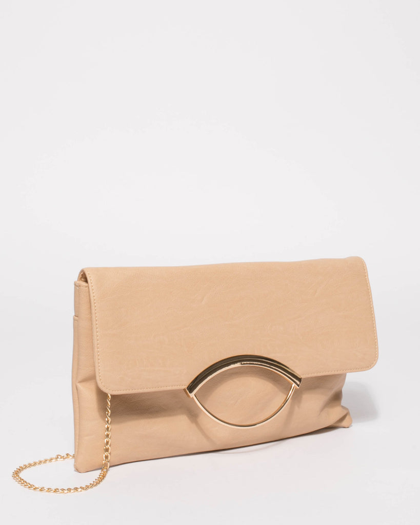 Beige Melody Ring Clutch Bag With Gold Hardware