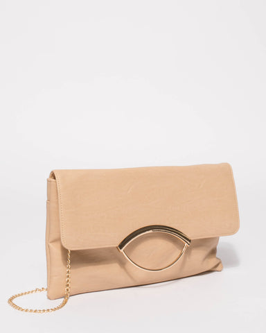 Beige Melody Ring Clutch Bag With Gold Hardware