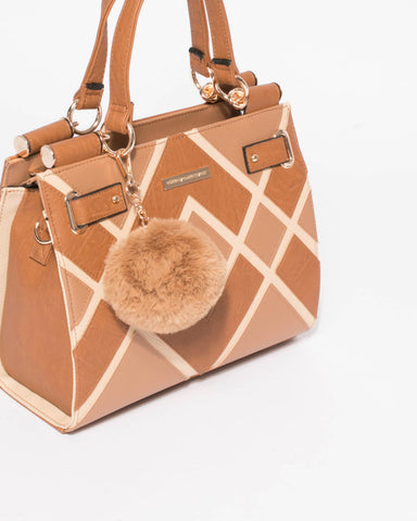 Tan Stephanie Diamond Square Tote Bag With Gold Hardware