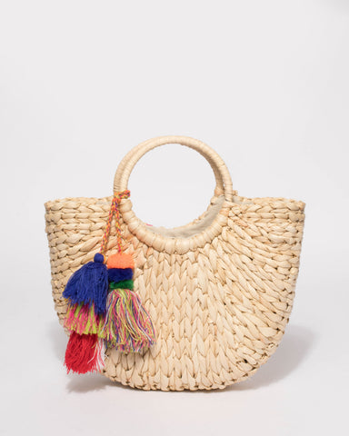 Natural Pom Pom Straw Basket Bag