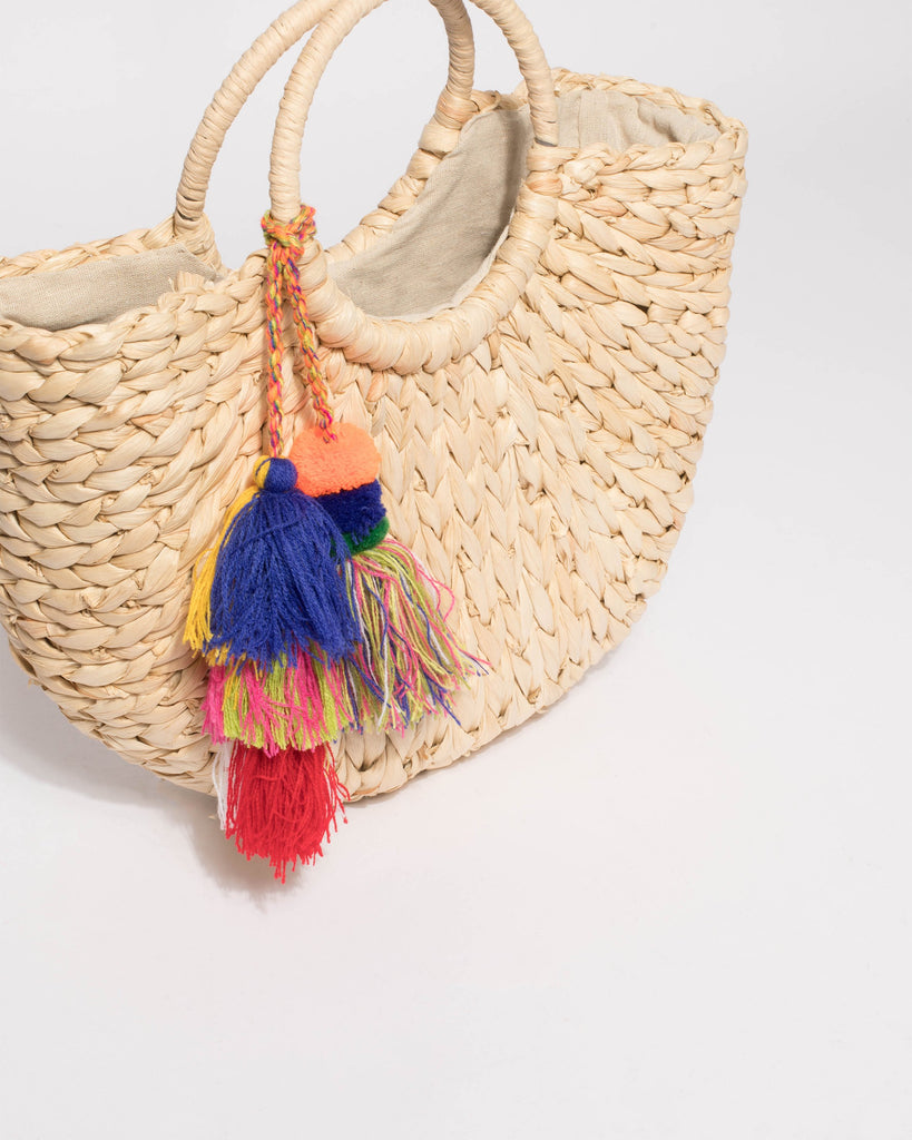 Natural Pom Pom Straw Basket Bag
