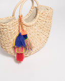 Natural Pom Pom Straw Basket Bag
