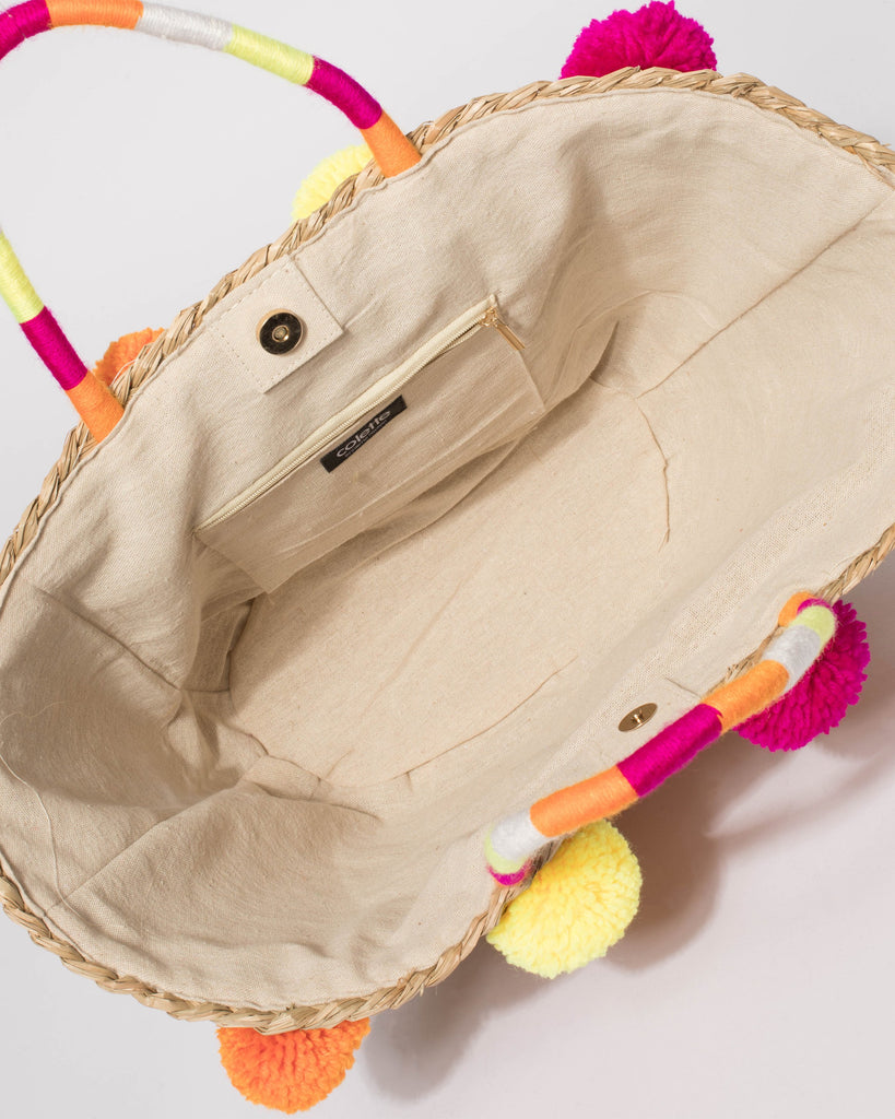 Natural And Multi Colour Large Pom Pom Summer Tote Bag