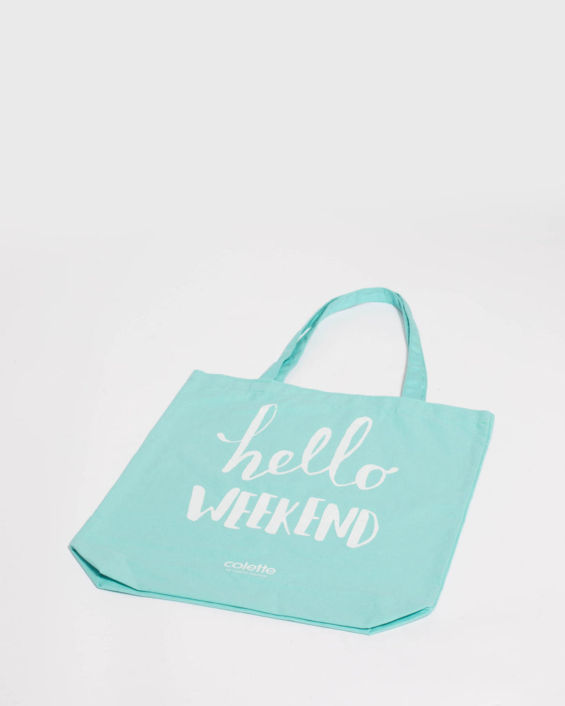 Teal Hello Weekend Tote Bag