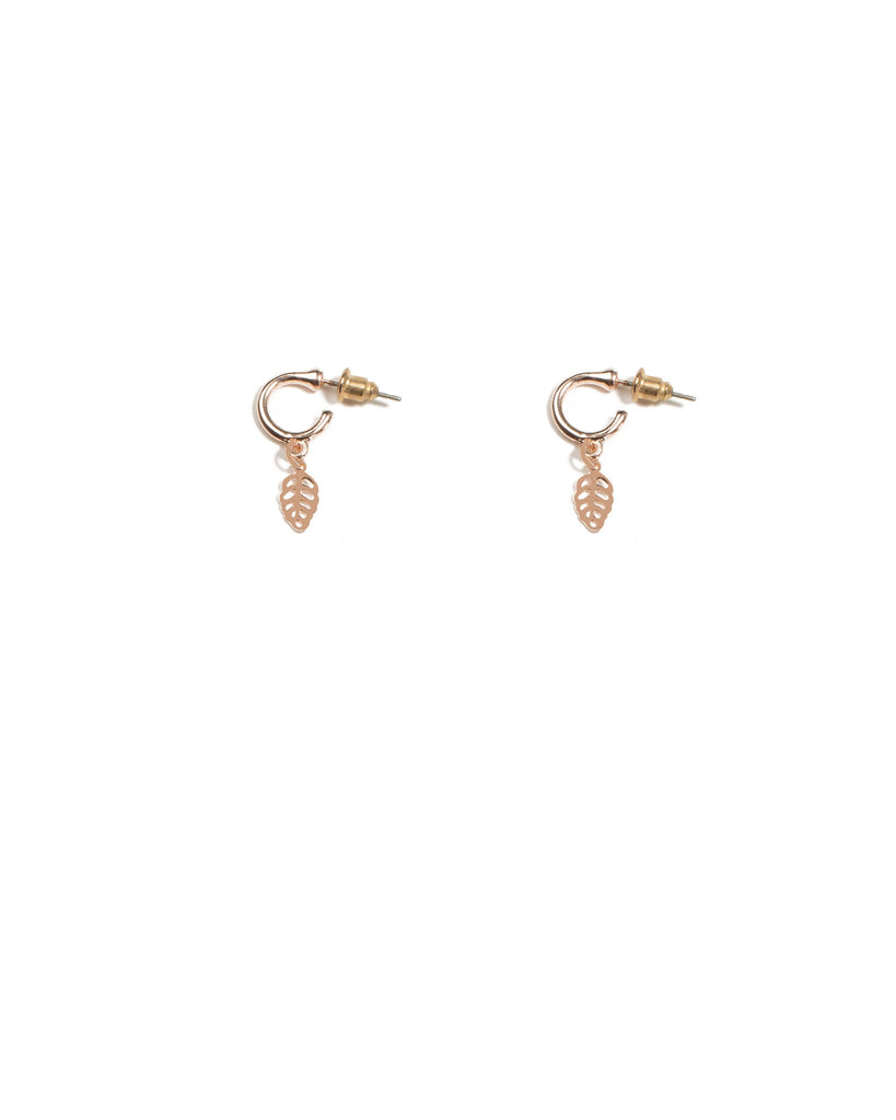 Rose Gold Tone Filigree Leaf Mini Hoop Earrings