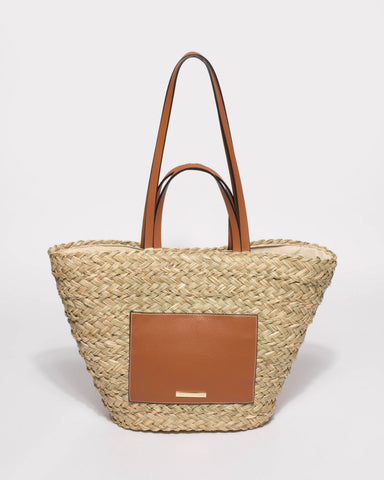 Natural And Tan Summer Straw Bucket Tote Bag