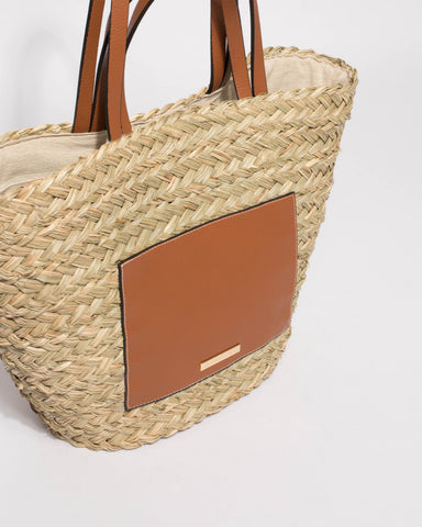 Natural And Tan Summer Straw Bucket Tote Bag