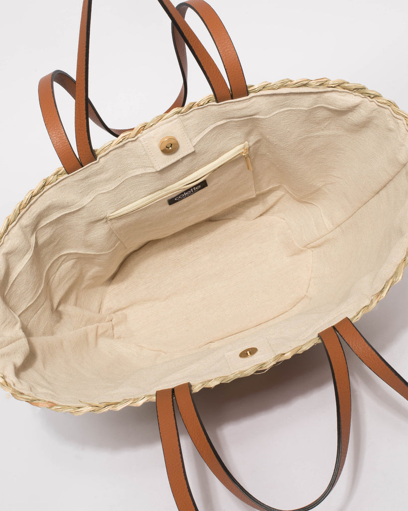 Natural And Tan Summer Straw Bucket Tote Bag
