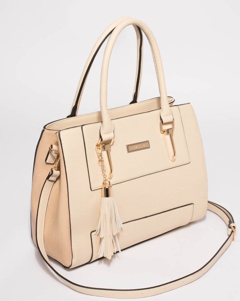 Natural Demi Panel Tassel Tote Bag