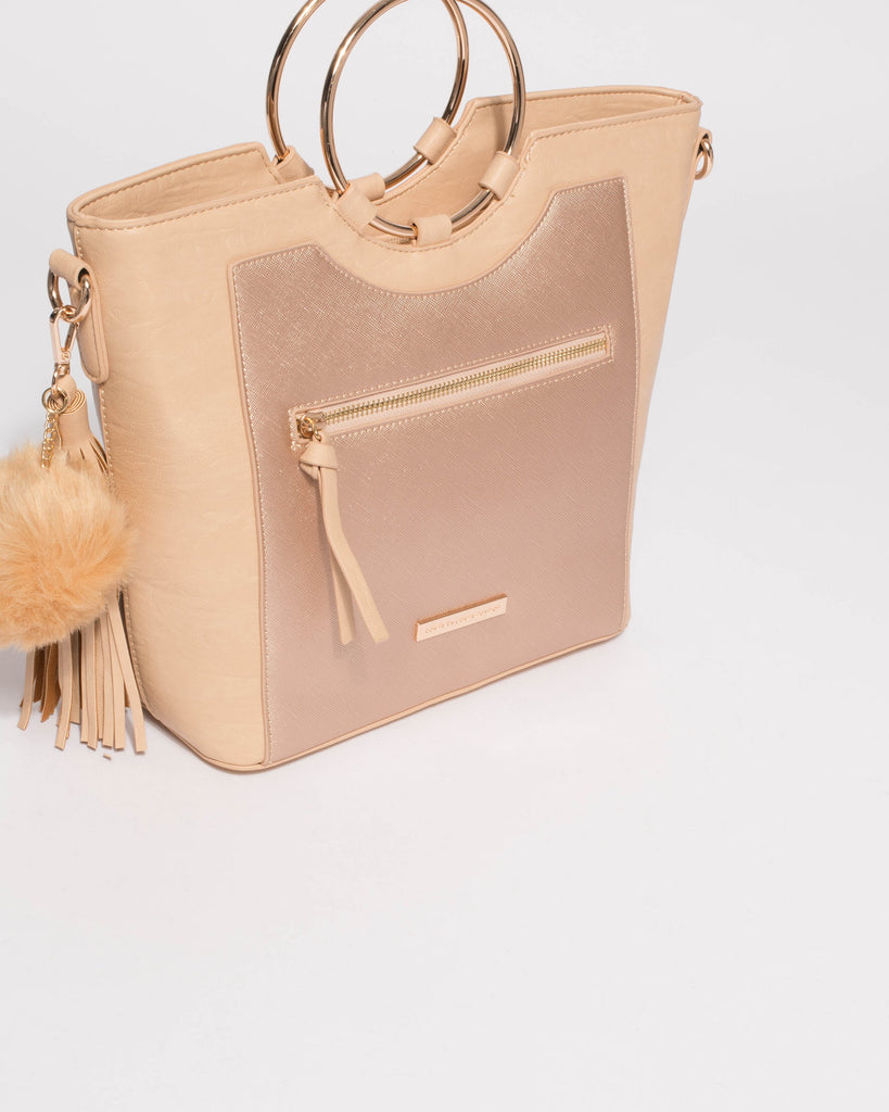 Natural And Rose Gold Bella Ring Hardware Tote Bag