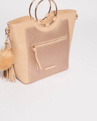 Natural And Rose Gold Bella Ring Hardware Tote Bag
