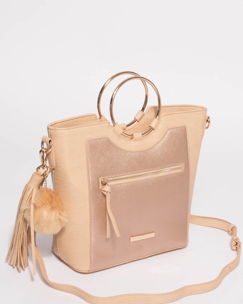 Natural And Rose Gold Bella Ring Hardware Tote Bag