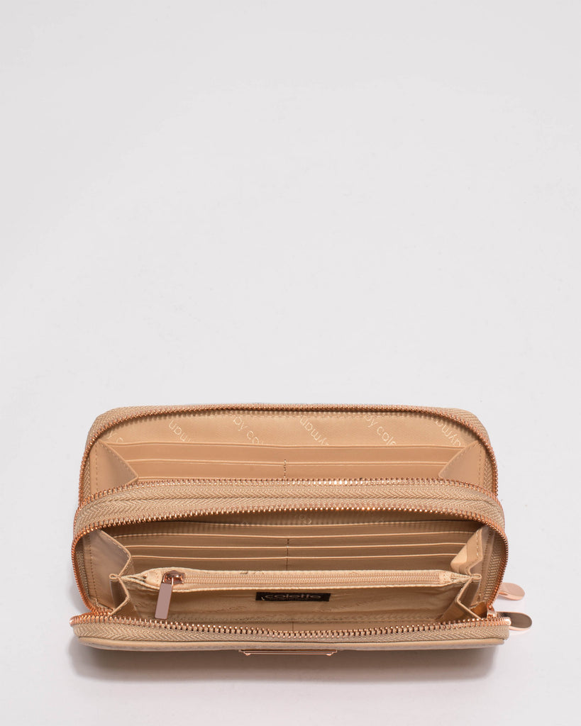 Beige Double Zip Around Wallet