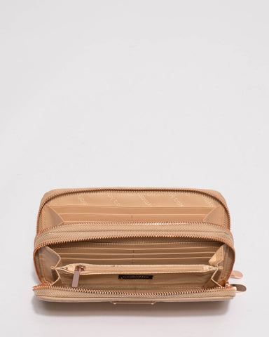 Beige Double Zip Around Wallet