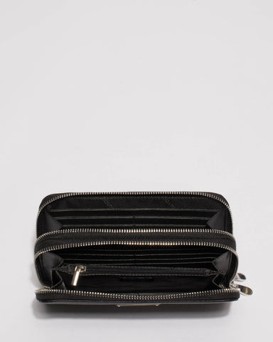 Black Double Zip Around Wallet