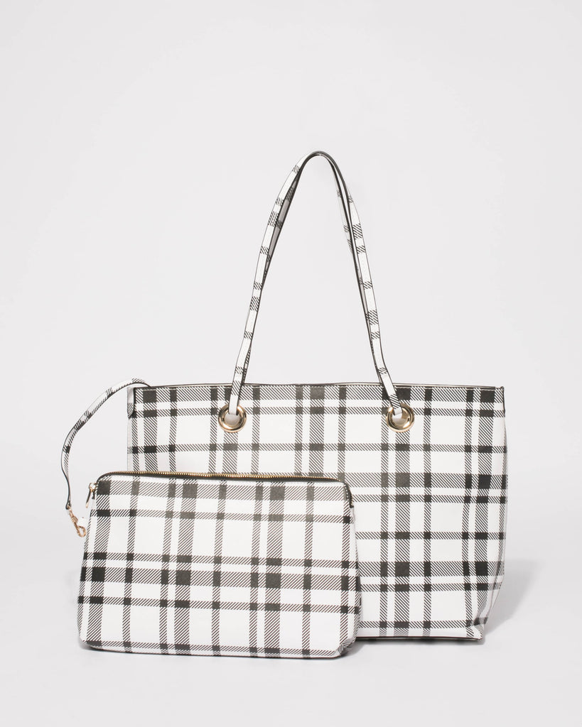 Monochrome Plaid Print Alana Tote Bag