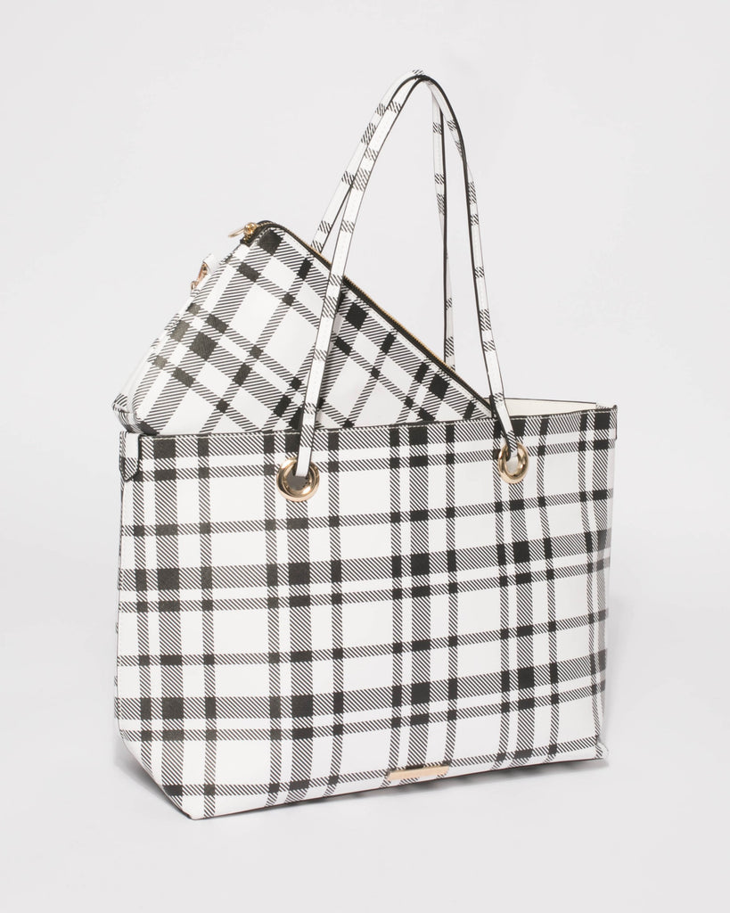 Monochrome Plaid Print Alana Tote Bag