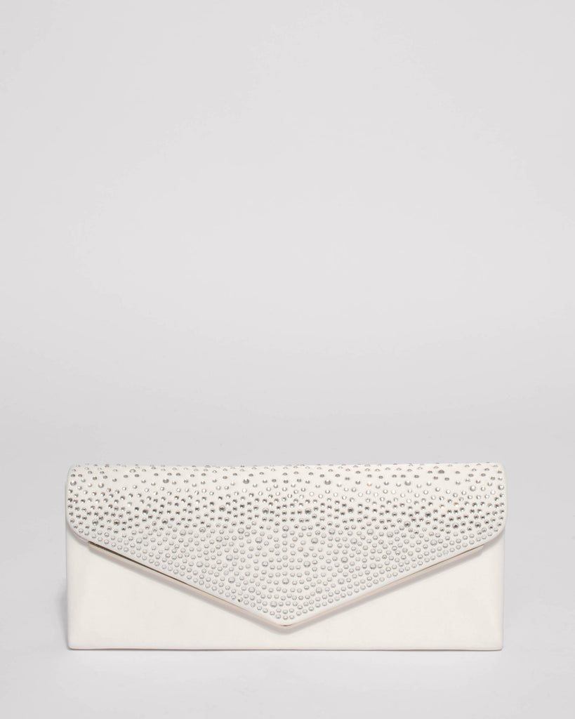 White Ella Sparkle Clutch Bag With Silver Hardware