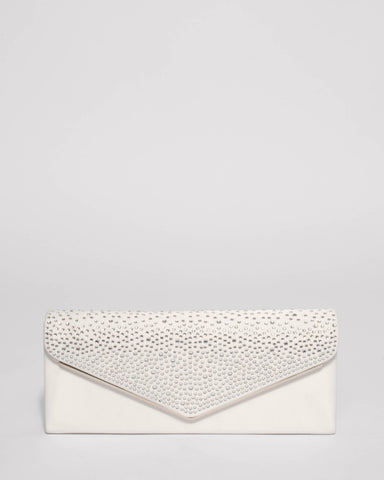 White Ella Sparkle Clutch Bag With Silver Hardware
