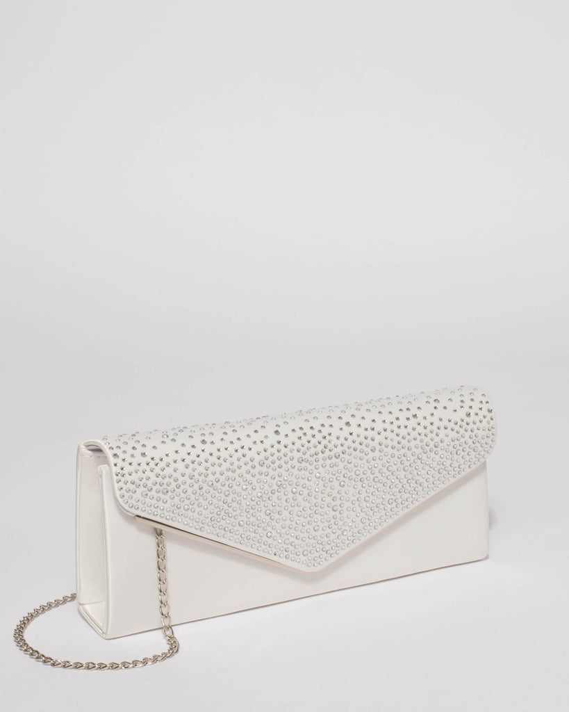 White Ella Sparkle Clutch Bag With Silver Hardware
