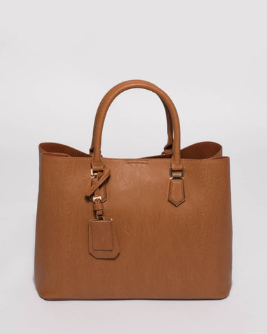 Tan Tori Tag Tote Bag With Gold Hardware