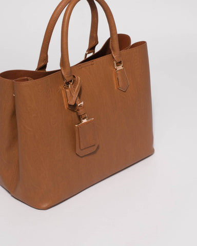 Tan Tori Tag Tote Bag With Gold Hardware