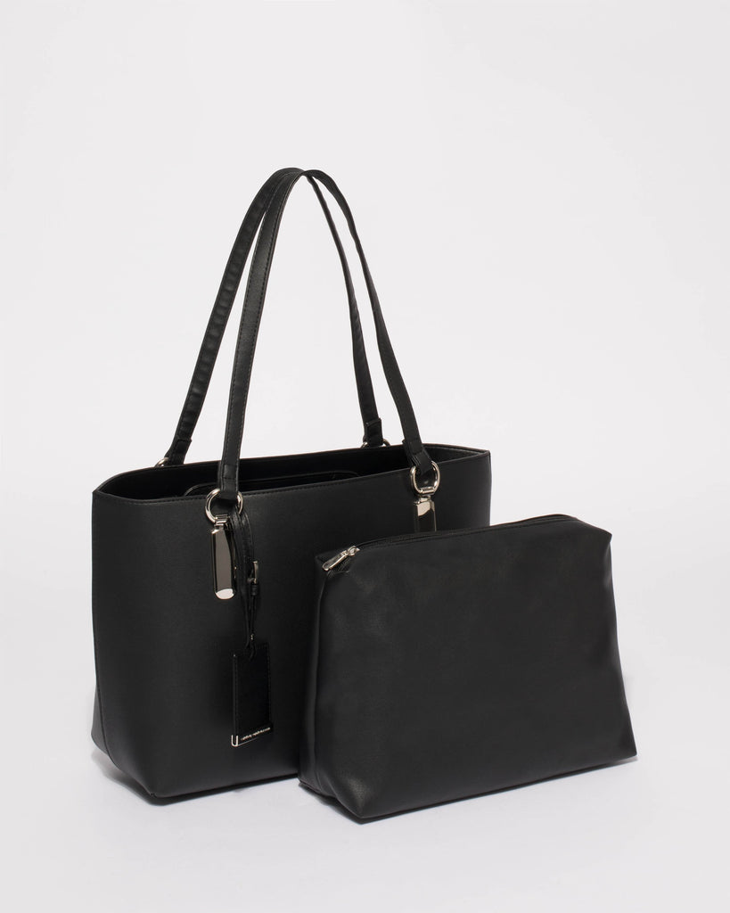 Black Angelina Medium Tote Bag With Silver Hardware