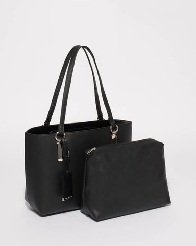 Black Angelina Medium Tote Bag With Silver Hardware