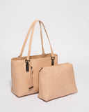 Beige Angelina Medium Tote Bag With Gunmetal Hardware
