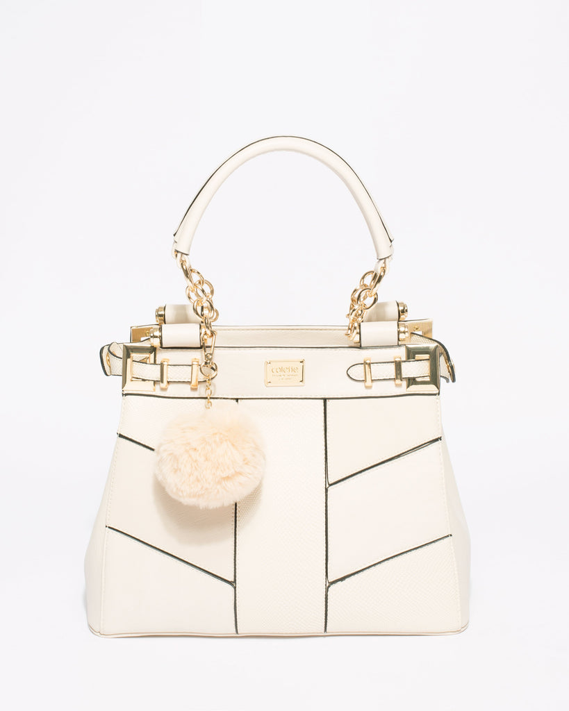 Ivory Saffiano Nadine Pom Pom Tote Bag With Gold Hardware