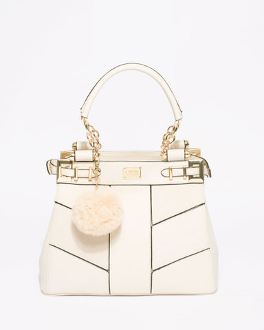 Ivory Saffiano Nadine Pom Pom Tote Bag With Gold Hardware