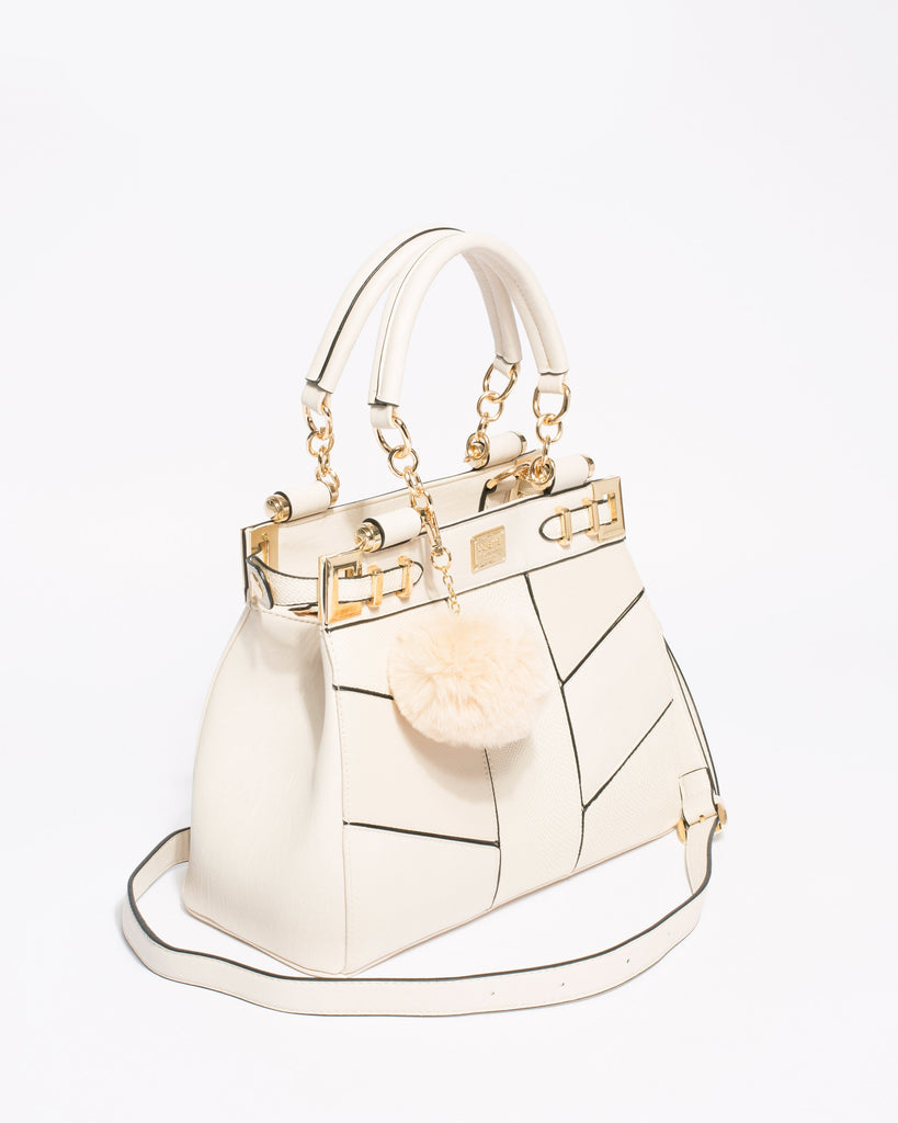 Ivory Saffiano Nadine Pom Pom Tote Bag With Gold Hardware