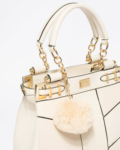 Ivory Saffiano Nadine Pom Pom Tote Bag With Gold Hardware