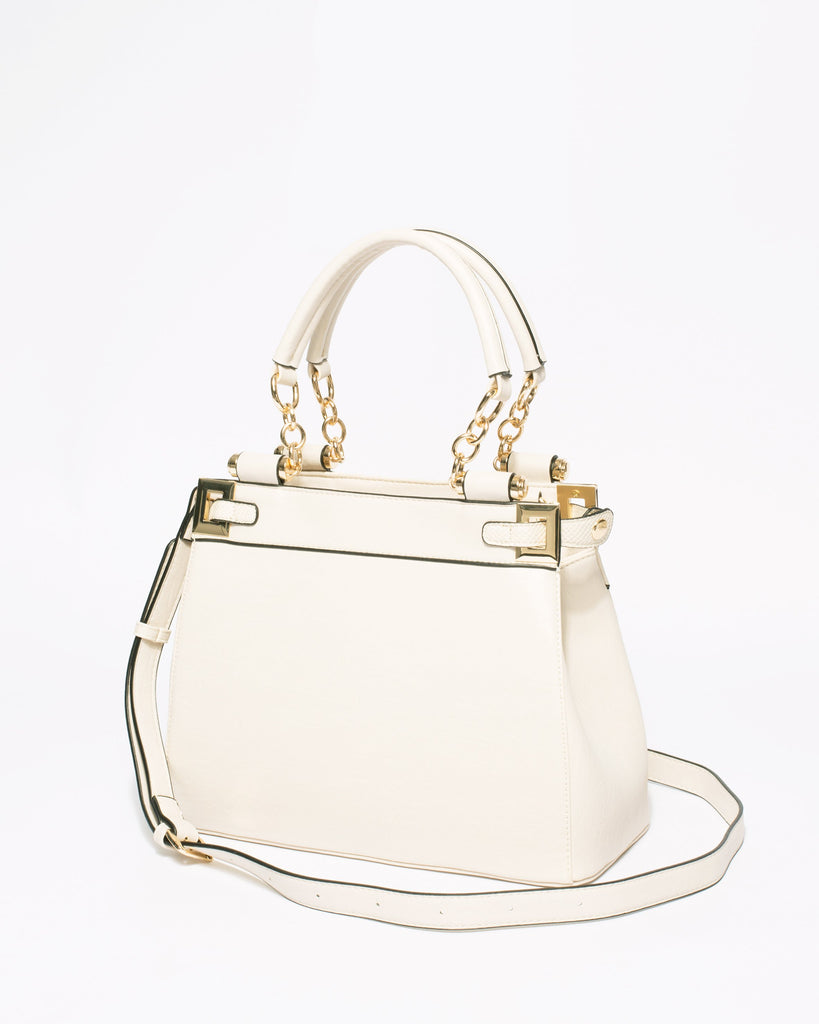 Ivory Saffiano Nadine Pom Pom Tote Bag With Gold Hardware