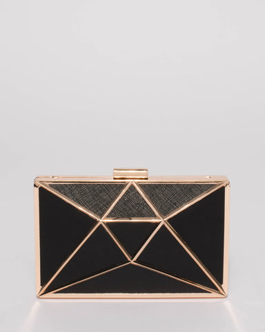 Black Geometric Large Clutch Bag With Gold Hardware