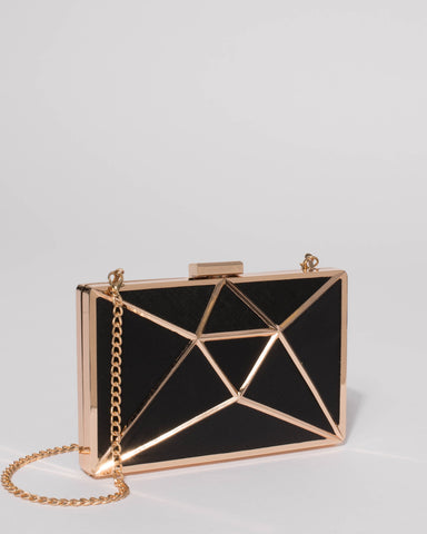 Black Geometric Large Clutch Bag With Gold Hardware